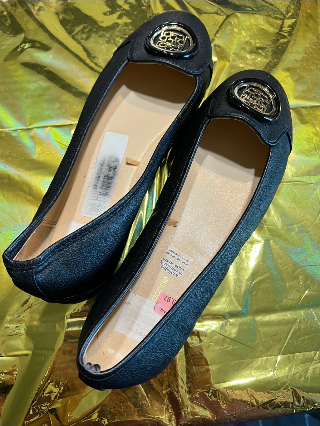 Liz Claiborne Black Ballet Flats With Gold Medallion